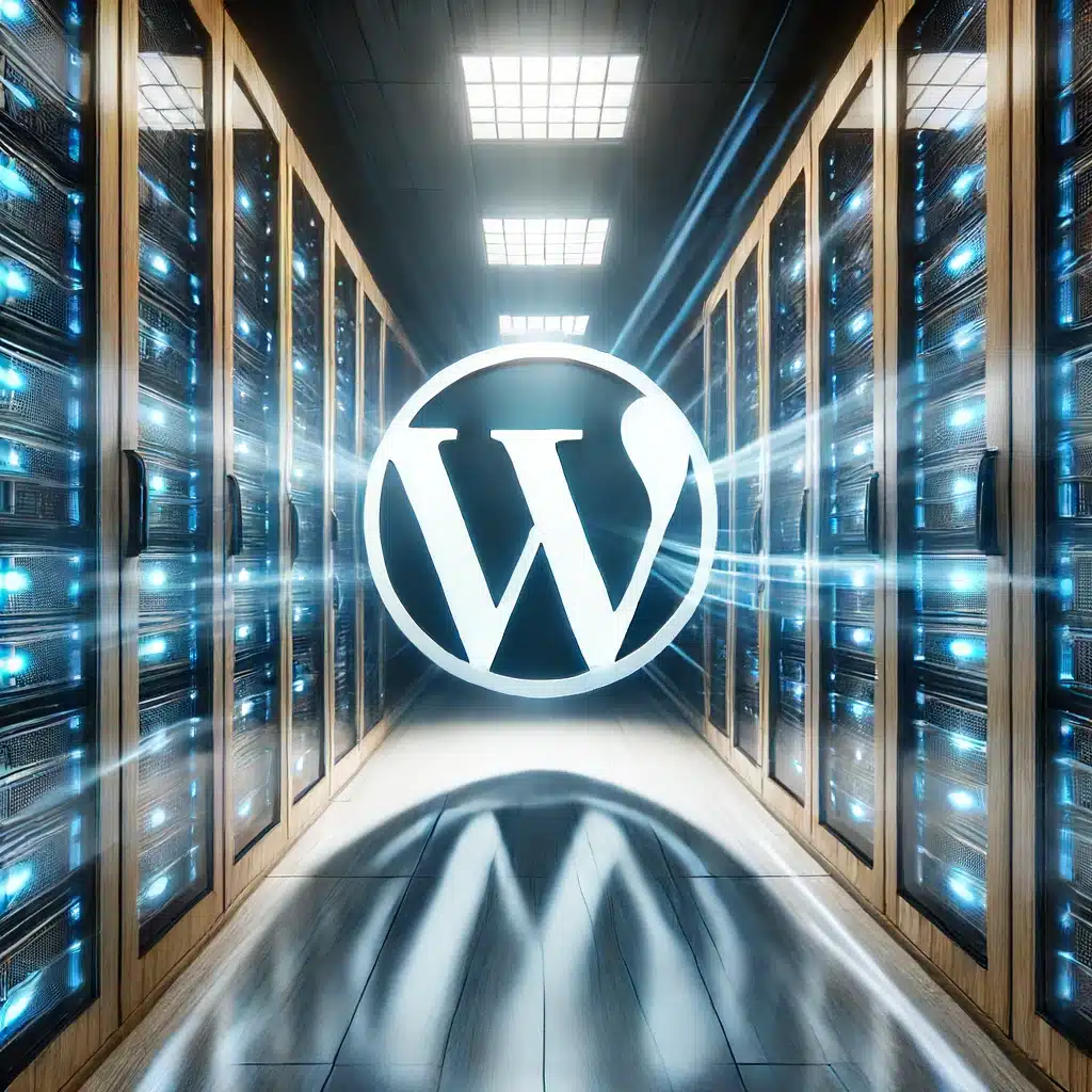 A high-quality image of a professional server room with sleek, modern servers for WordPress hosting. Glowing with blue lights, and an overlay of the WordPress logo
