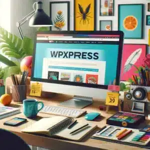 A high-resolution image of a creative workspace with a desktop computer for creating a WordPress Backup. Displaying the website wpxpress.com.au